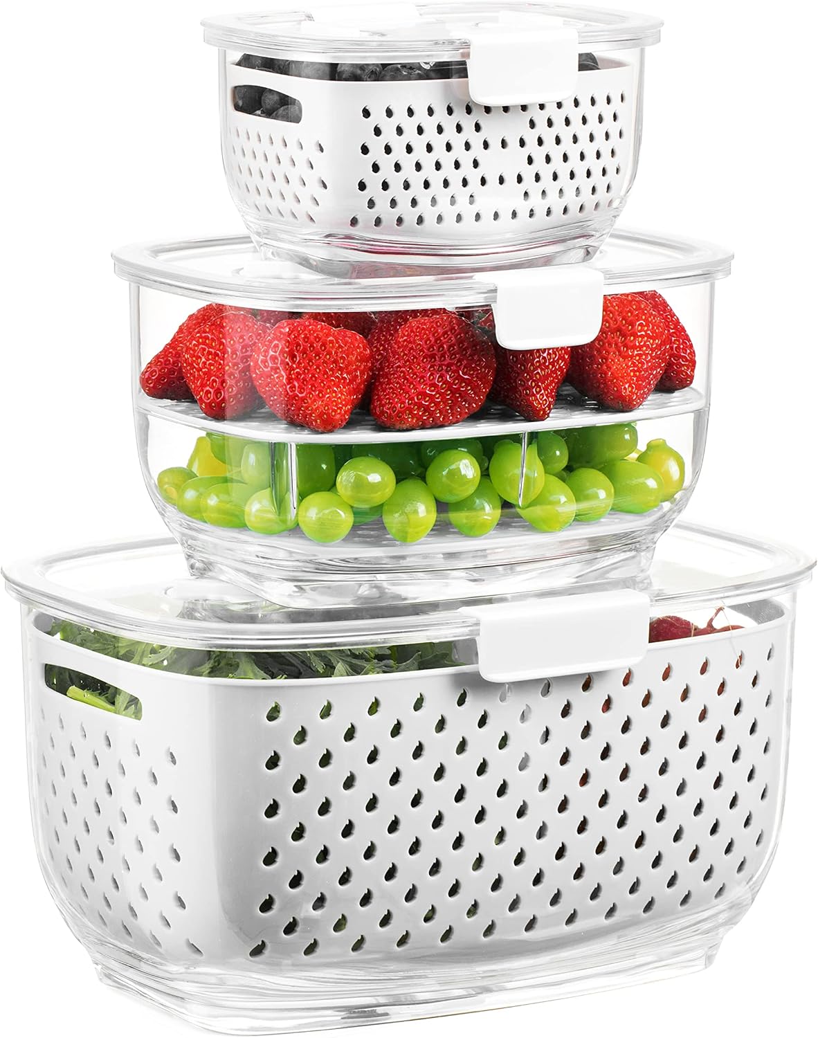 LUXEAR Fresh Produce Vegetable Fruit Storage Containers 3Piece Set, BPA-free Fridge Storage Container, Partitioned Salad Container, Fridge Organizers, Used in Storing Fruits Vegetables, Gray