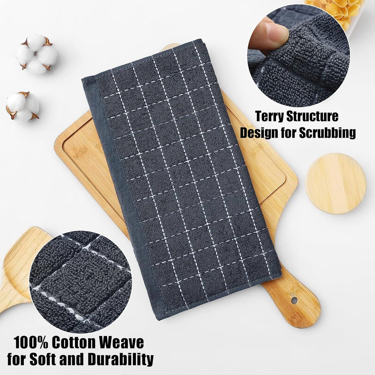 Homaxy 100% Cotton Terry Kitchen Dish Cloths, 12 Pack, Dark Grey