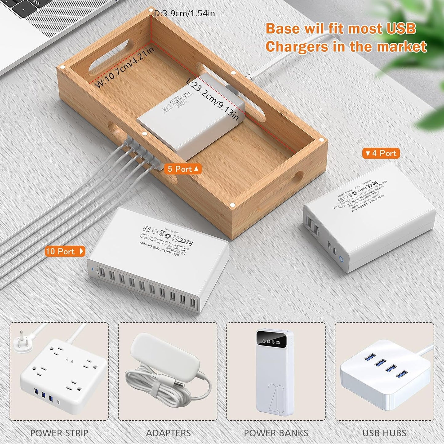 Pezin & Hulin Bamboo Charging Station with 5-Port USB Charger & 5 Cables | 7-Slot Wood Organizer, Magnetic Snap Assembly, Thick Base, Non-Slip Pads, Hidden Cord Box. Ideal for Home Office & Bedside