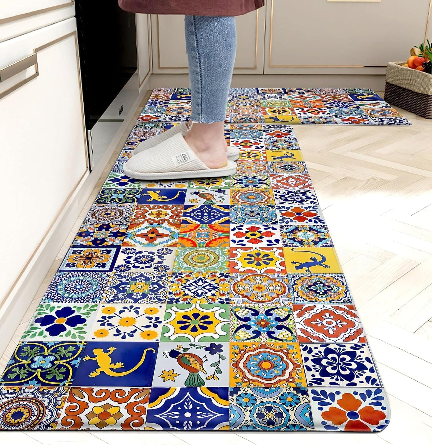 weesire Boho Kitchen Rugs Set 2 Pieces Memory Foam Colorful Ceramic Comfort Tile Floor Mat Anti Fatigue Non-Skid PVC Runner Rug Water & Oil Proof Carpet for Kitchen Laundry Sink,17.3x28+17.3x47 Inch