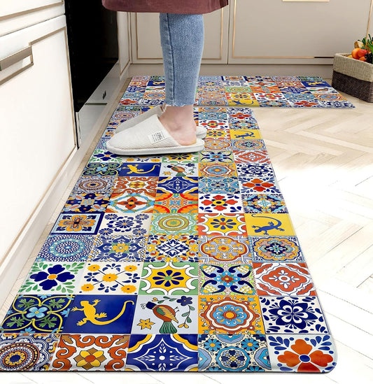 weesire Boho Kitchen Rugs Set 2 Pieces Memory Foam Colorful Ceramic Comfort Tile Floor Mat Anti Fatigue Non-Skid PVC Runner Rug Water & Oil Proof Carpet for Kitchen Laundry Sink,17.3x28+17.3x47 Inch