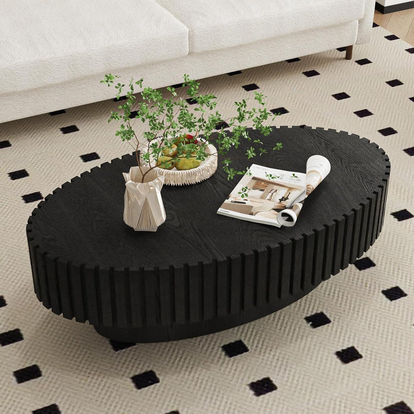 Mid Century Modern Oval Coffee Table for Living Room (Oval Black) | Drum Oval Fluted Wood Coffee Table, Pedestal Center Table for Office Patio