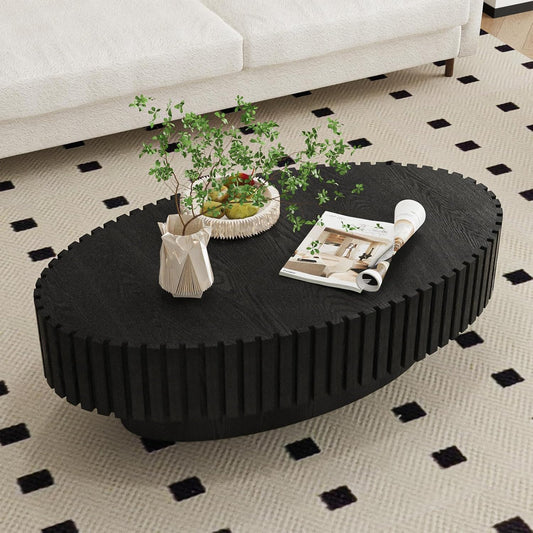 Mid Century Modern Oval Coffee Table for Living Room (Oval Black) | Drum Oval Fluted Wood Coffee Table, Pedestal Center Table for Office Patio
