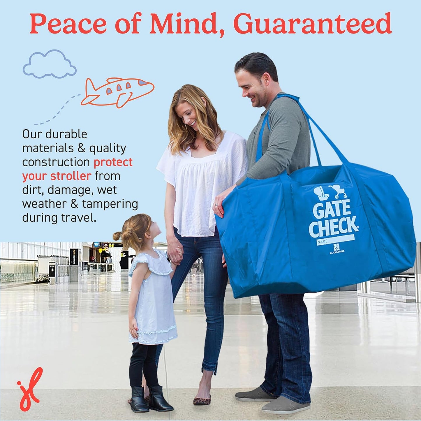 J.L. Childress Gate Check Bag for Single & Some Double Strollers - Travel Bag for Airplane, Fits Most Standard Baby Strollers, Airport Accessories Gate Check, Flying Essentials - Deluxe, Blue