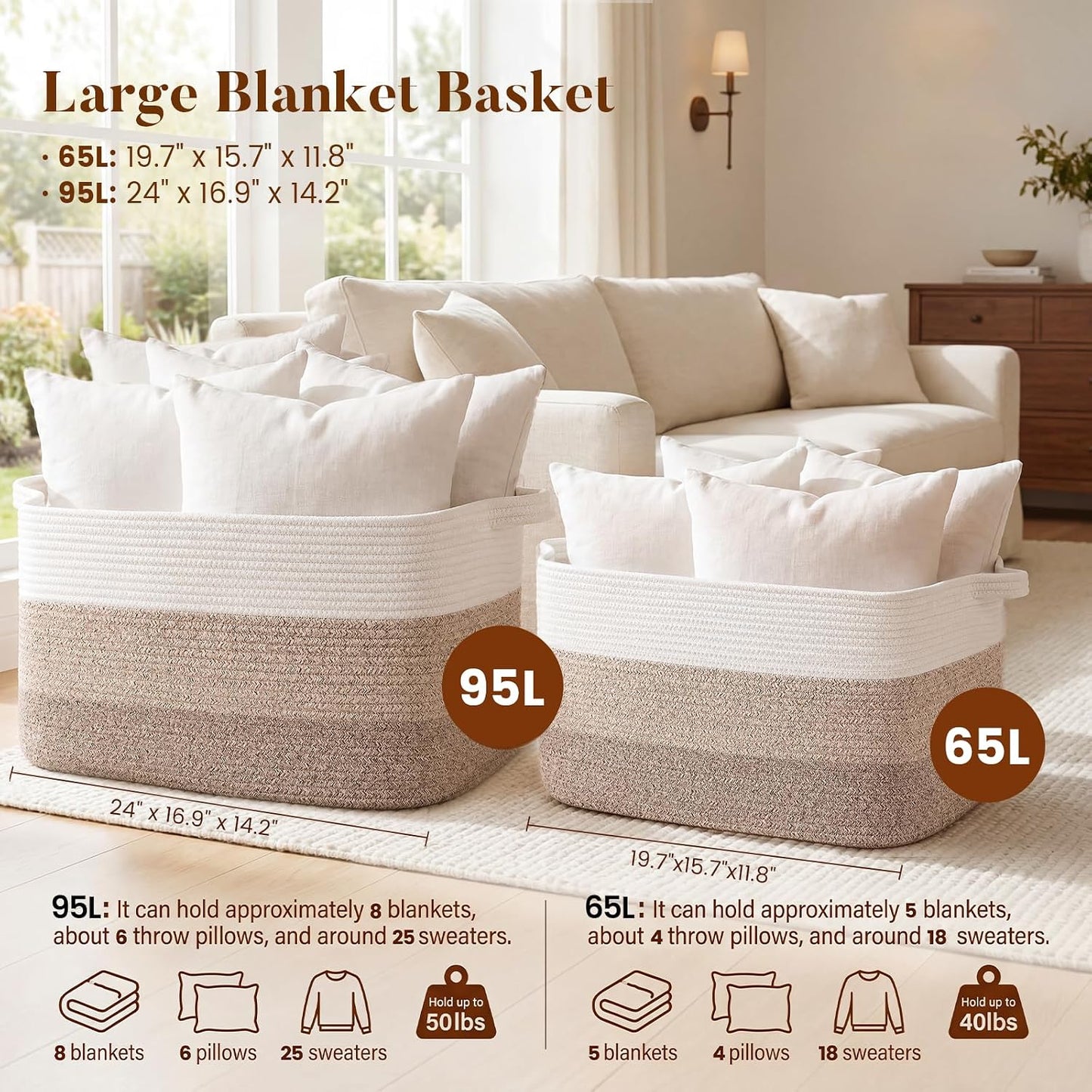 65L Large Woven Blanket Basket for Living Room, 19.7"x15.7"x11.8" | Nursery Laundry Hamper with Handle for Organizing Blankets, Pillows, Toy Storage With Handle, Large Baskets for Organizing