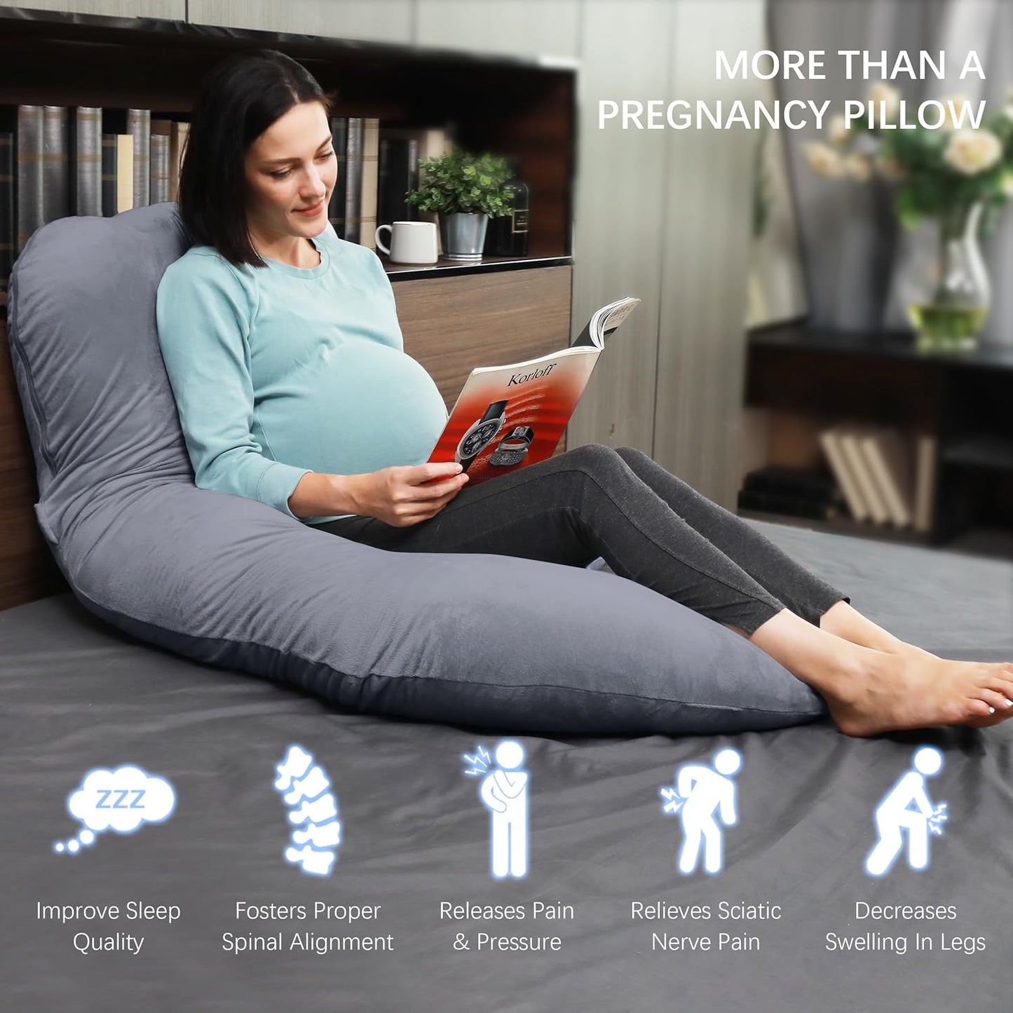 MOON PARK Pregnancy Pillows for Sleeping - U Shaped Full Body Maternity Pillow with Removable Cover - Support for Back, Legs, Belly, Hips - 57 Inch Pregnancy Pillow for Women - Dark Grey