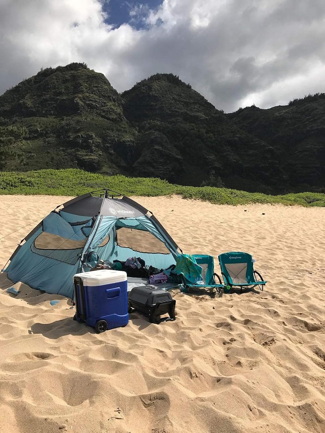 KingCamp Low Beach Chair, High Back Folding Camping Chair for Adults, Oversized Breathable Mesh Seat, 300lbs Heavy Duty Portable Chair with Cup Holder & Storage Pockets for Beach, Outdoor