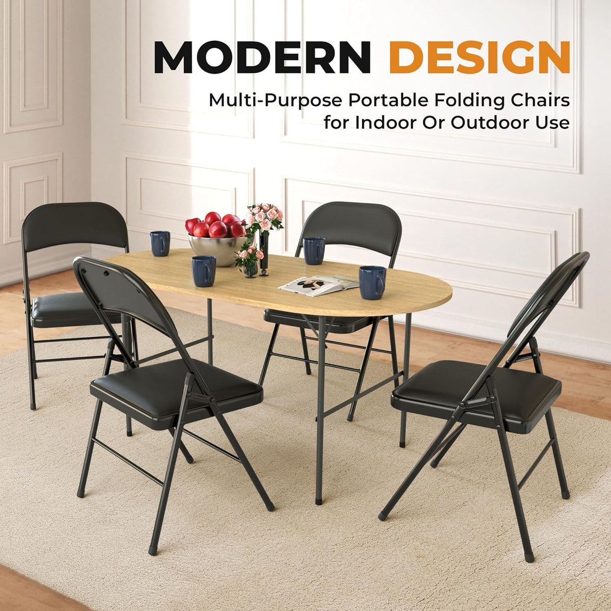 Our Modern Space 4 Pack Leather Chair | Foldable & Stackable | 350 lbs Capacity Steel Frame Seats for Indoor or Outdoor | Commercial Use Events Wedding Party Events Bulk Picnic Kitchen Dining - Black