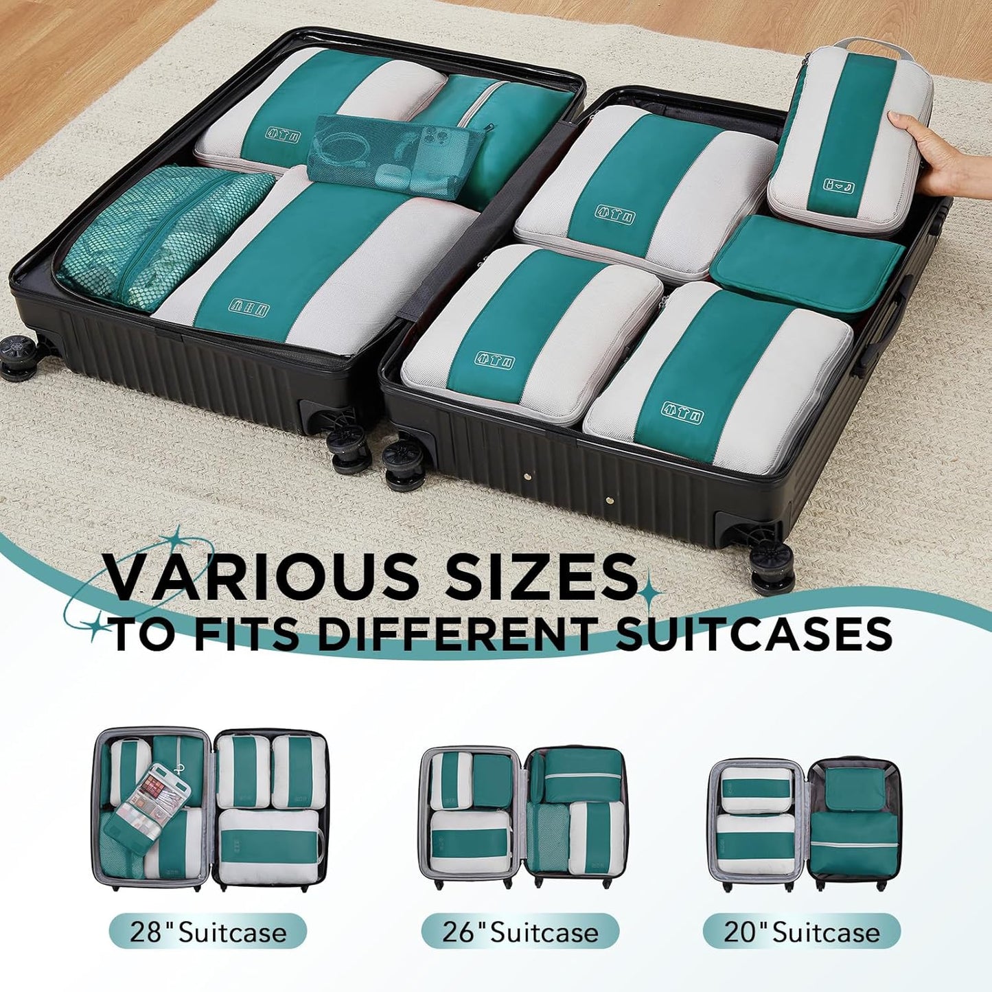 10 Set Compression Packing Cubes for Travel Essentials,Compressible Expandable Packing Cubes for Suitcase,OlarHike Luggage Garment Bags for Travel,Handy Helper for Organizing Clothes(Dark Blue Green)
