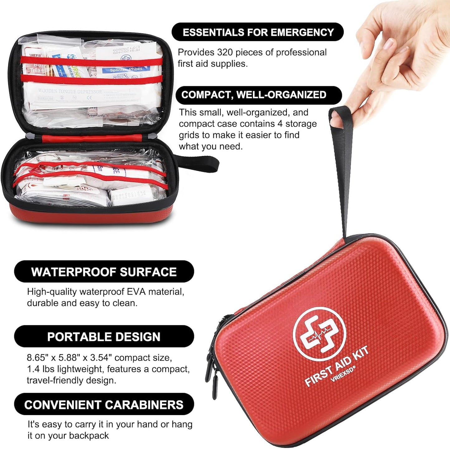 VRIEXSD Premium First Aid Kit, 320 Piece Waterproof Hard Shell Eva First Aid Kit for Home, Camping, Cars, Hiking, Travel, Businesses & Outdoor Emergencies - Emergency Medical Kits (Red)