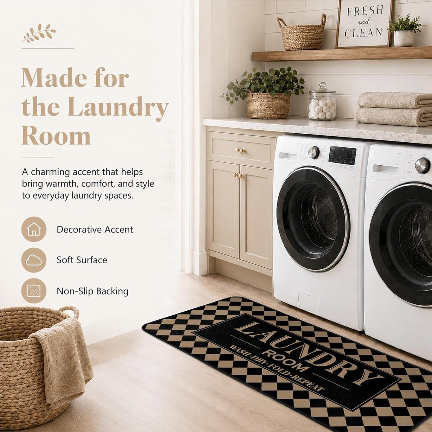 ROMAMIGO Laundry Room Rug Runner Non Slip Laundry Mats Mudroom Runner Laundry Room Decor Accessories Farmhouse Kitchen Floor Mat (Black Beige Checkered, 20 X 47 inch)