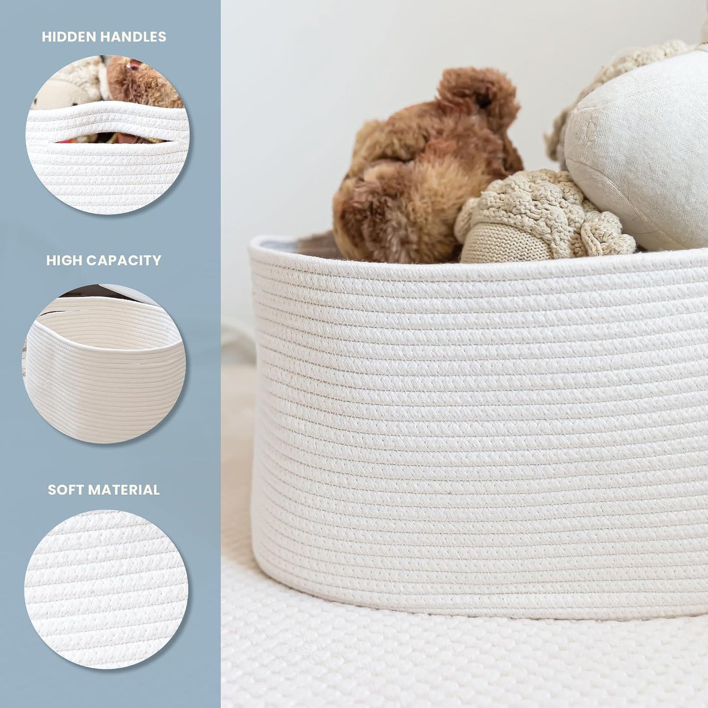 OrganiHaus Cotton Rope Baskets for Shelves, Set of 3, 15x9x10 | Handwoven; a toy bin and organizer for towels, books, or blankets; fits nursery, playroom, or bedroom decor