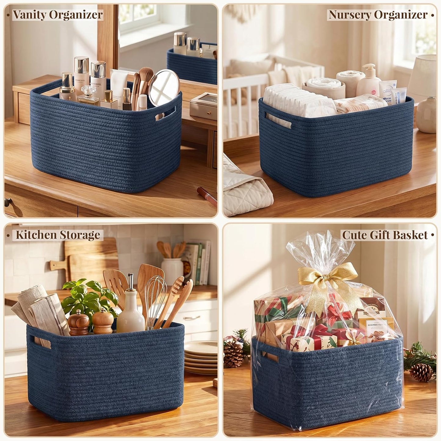 OIASKET 4Packs Natural Cotton Rope Storage Baskets for Organizing Toys, Clothes, Towels & Books, Soft Versatile Organizers for Shelves, Home Decorative Bins, 13''Lx9''Wx7.8''H, Blue