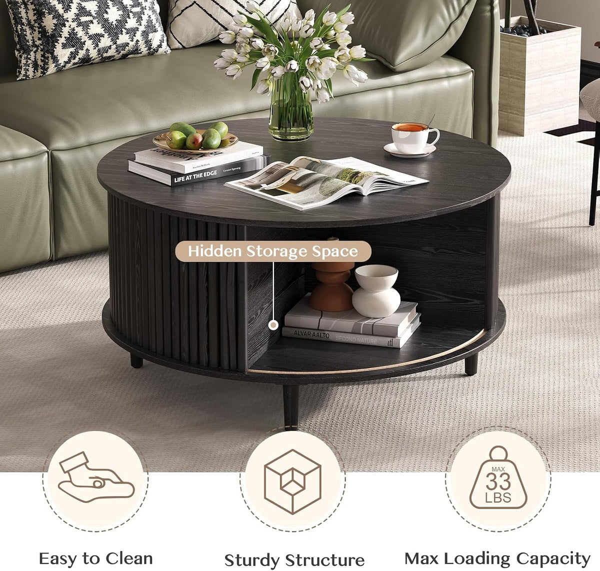 JOINICE Black Round Coffee Table with Storage for Living Room,31.5"