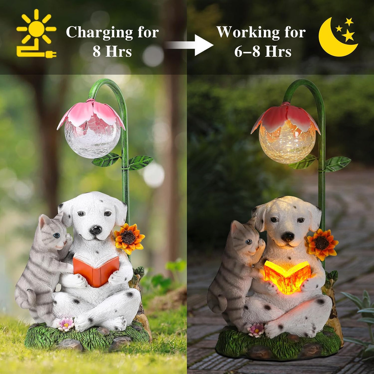 Dog And Cat Solar Garden Light, Cute Resin Figurine with Reading Scene