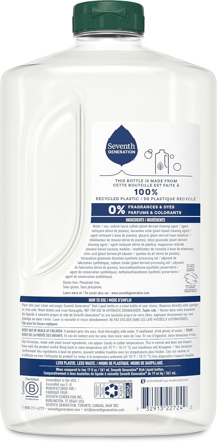 Seventh Generation Dish Soap Refill, Free & Clear, 50 fl oz, 3 Pack, Plant-Based Dishwashing Liquid for Grease & Tough Food Messes, For Sensitive Skin