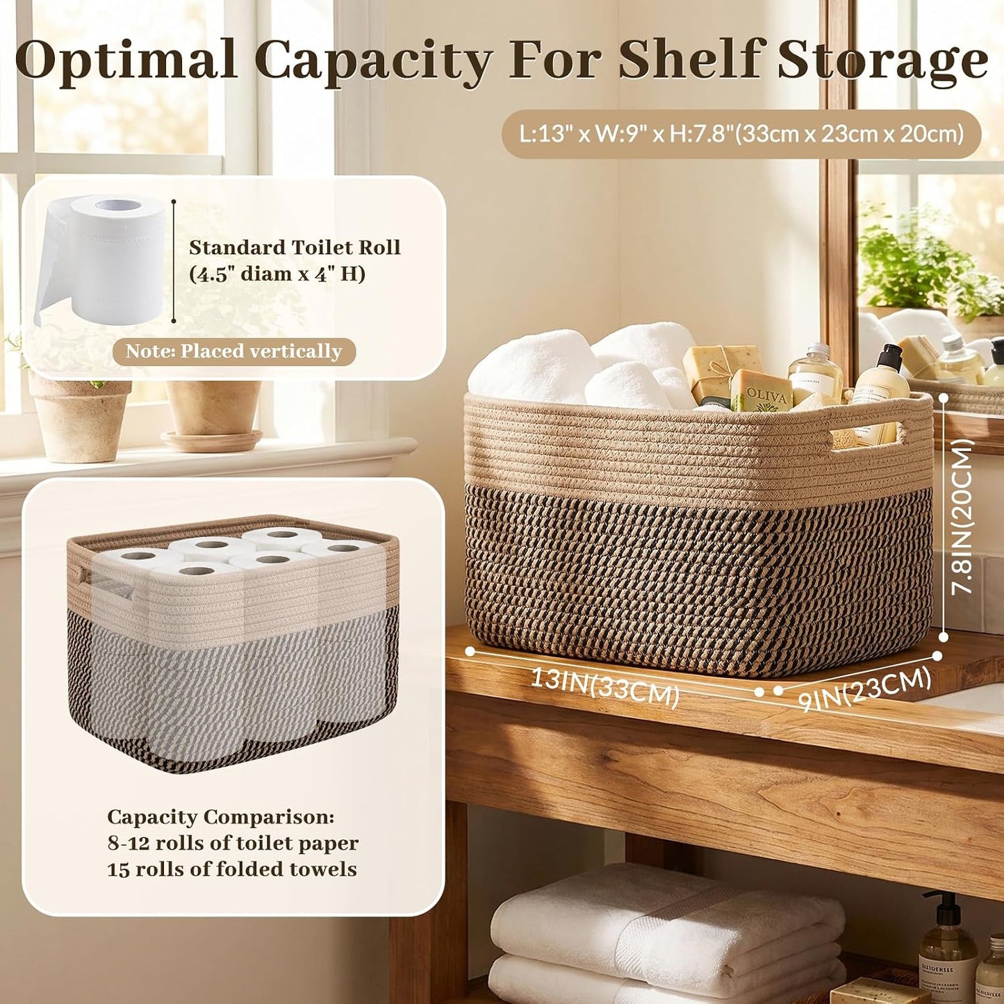 OIAHOMY 4 Pack Storage Basket, 13"x9"x7.8" Cotton Rope Baskets for Shelves, Closet Organizer for Bedroom & Living Room, Soft Decorative Bins for Organizing Towels, Books & Toys, Brown & Black