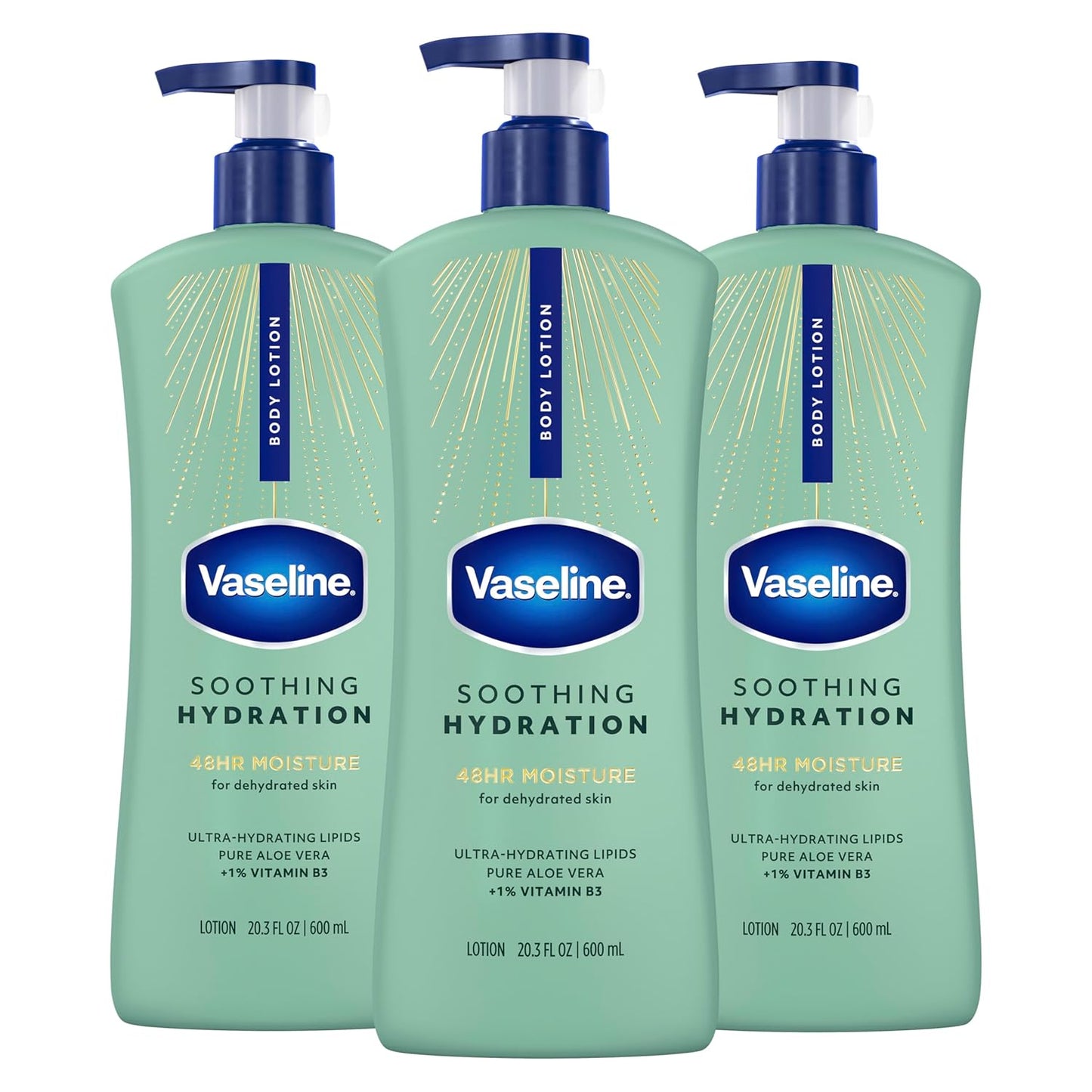 Vaseline Intensive Care Body Lotion for Dry Skin Soothing Hydration Lotion Made with Ultra-Hydrating Lipids + 1% Aloe Vera Extract to Refresh Dehydrated Skin 20.3 oz, Pack of 3 (packaging May Vary)