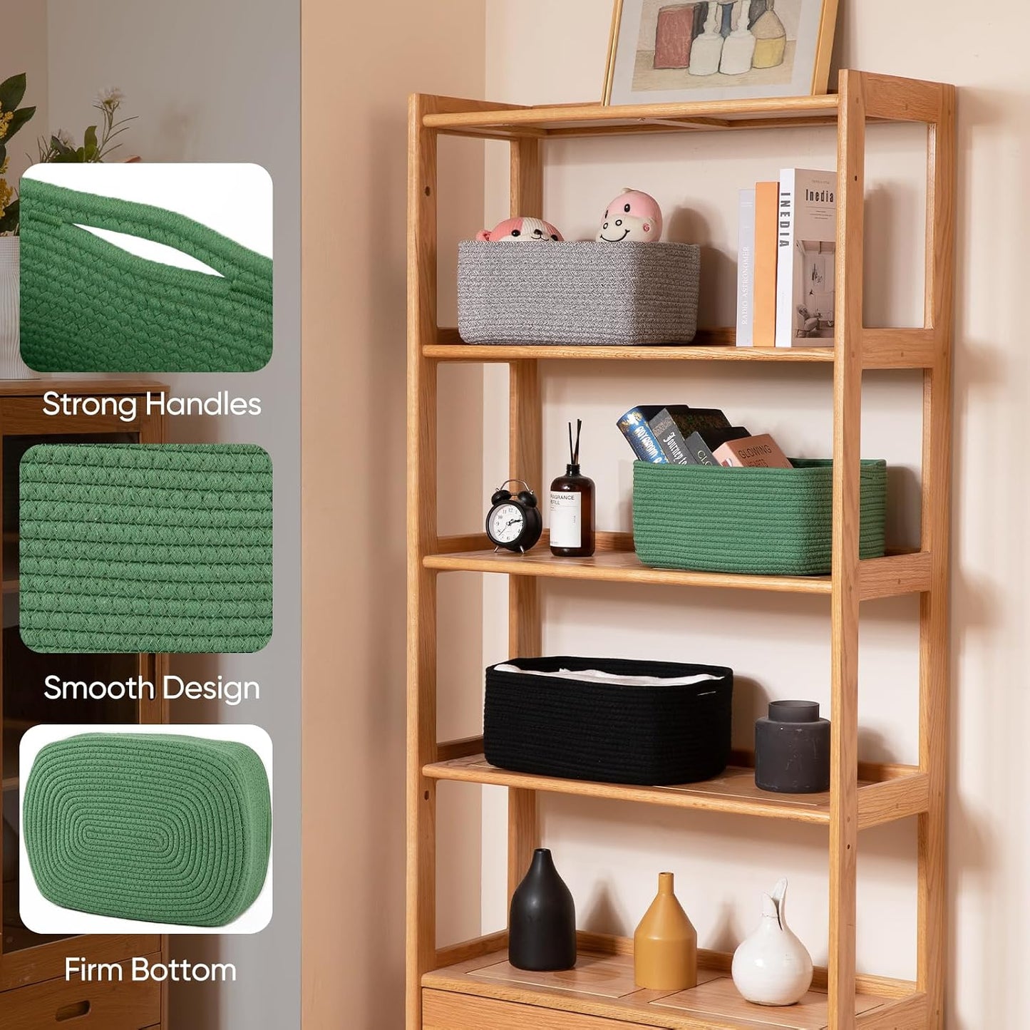 OIAHOMY 4 Pack 14.17 * 11.02 * 6.3IN Storage Baskets for Organizing Shelves, Woven Rope Baskets for Organizing Books, Clothes, Decorative Basket for Living Room, Nursery, Bedroom, Gift Basket, Green