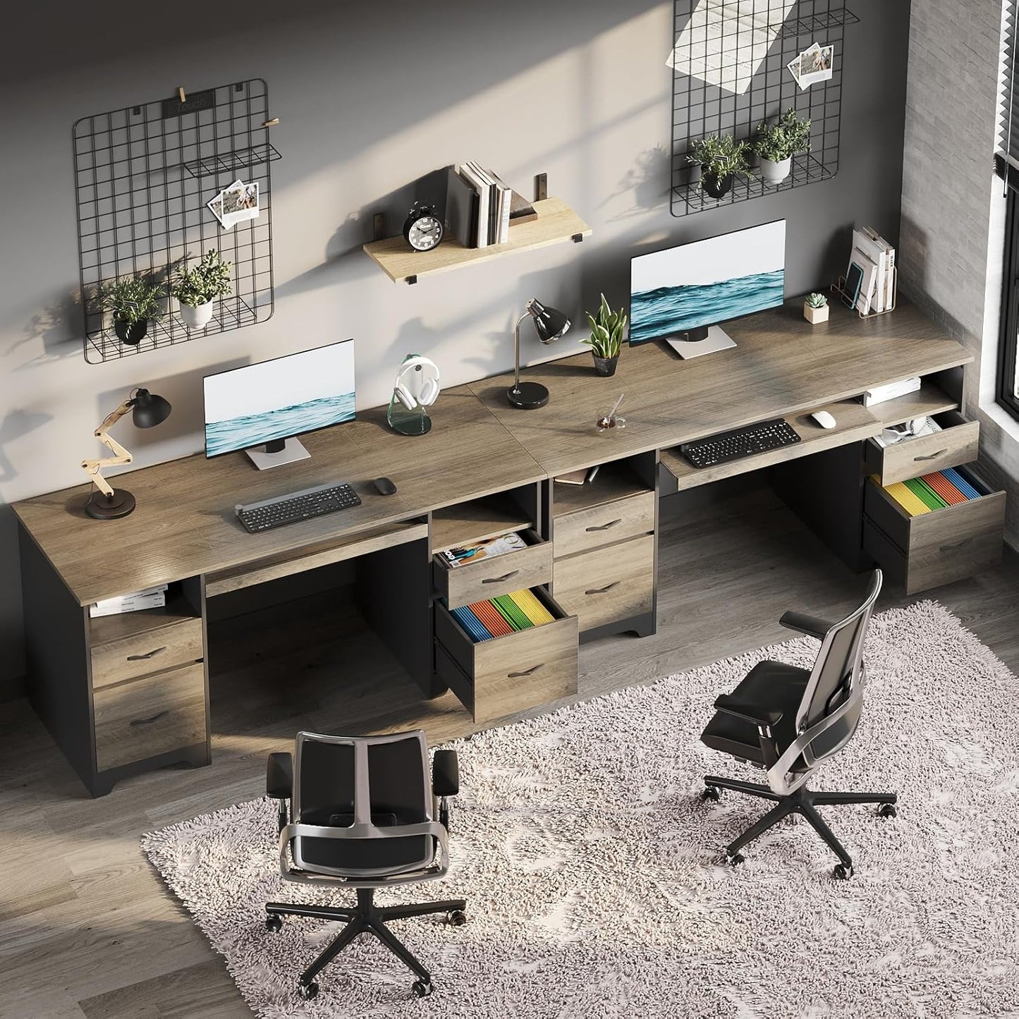 Bestier 59 Inch Office Desk with 4 Drawers, Computer Desk with Storage, Executive Desk with File Drawer, Keyboard Tray & 2 Pedestals on Both Sides for Home Office, Studio, Grey&Black