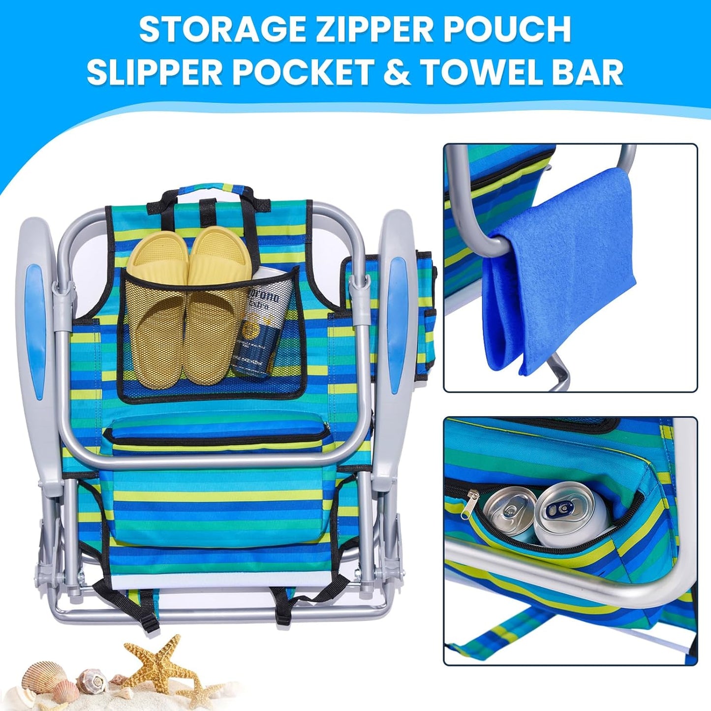 Portable Beach Chair for Adults, Outdoor Camping Chair Lay Flat Folding Backpack Beach Reclining Chair with 5 Positions, Headrest, Cup Holder, Heavy Ocean Striped