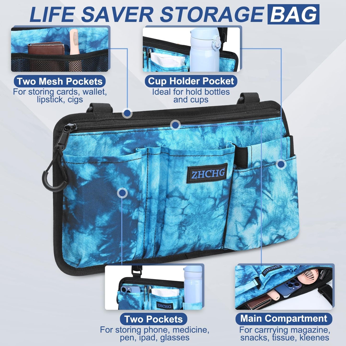 ZHCHG Wheelchair Side Bag with Cup Holder, Wheelchair Armrest Pouch Accessories for Walker, Rollator, Electric Scooter Wheelchairs, Ideal Gift for Mother's Day & Father's Day, Blue