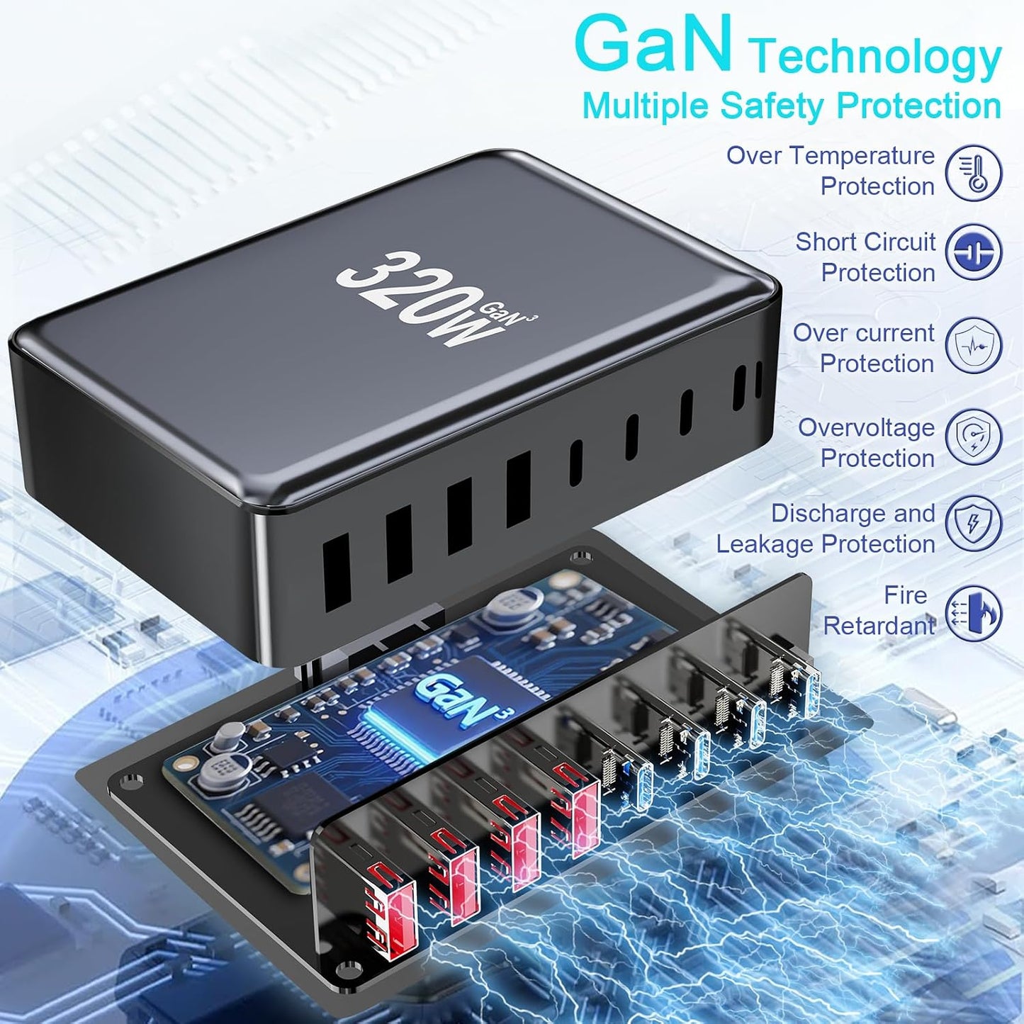 320W USB C Charger Block, Multi-port Fast USB Charging Station Dual PD 100W GaN Ⅲ Charging Station For Multiple Devices, Laptop Charger Adapter Compatible with MacBook, DELL, iPad, iPhone, Samsung etc