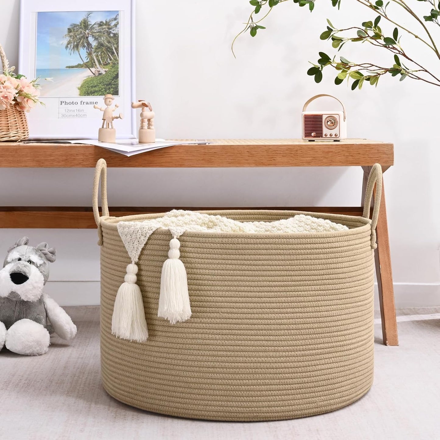 67L Large Woven Blanket Basket, Cotton Rope Baby Laundry Hamper with Handles, Kids Toy Basket for Classroom & Nursery, Soft Round Stuffed Animal Storage, Dog Toy Bin - 20"x13", Brown