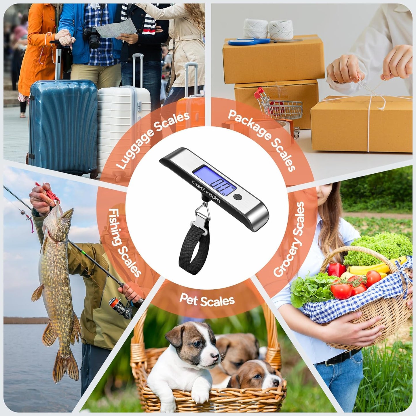 travel inspira Rechargeable Luggage Scale 110lb/50kg - Large Backlit Display - Stainless Steel - Portable Digital Hanging Scale for Suitcases, Bags, Packages (USB -C Charging Included)