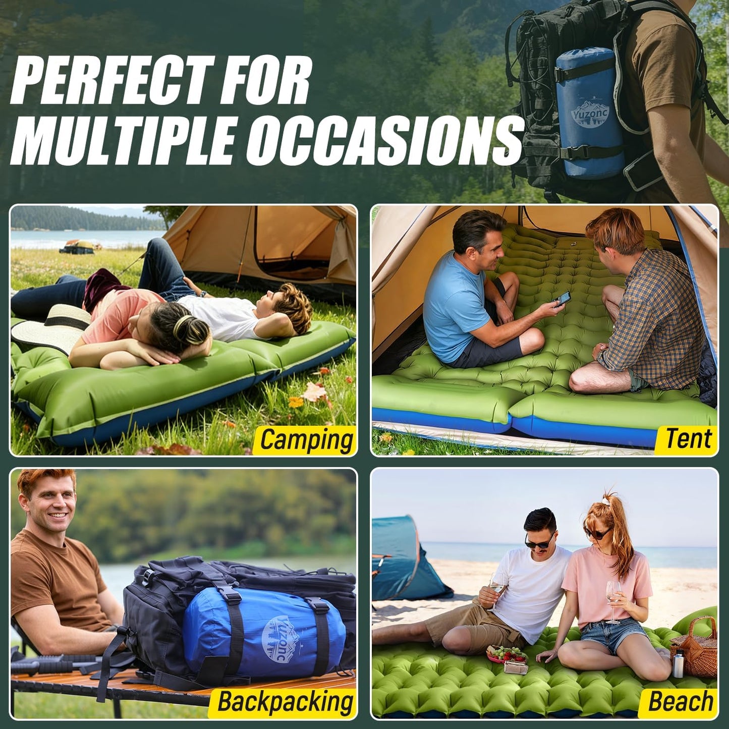 Yuzonc Double Sleeping Pad - Self Inflating 4" Extra-Thick for 2 Person with Pillow Built-in Foot Pump Inflatable Sleeping Mat for Backpacking, Hiking, Traveling, Tent, Portable Camping Mat