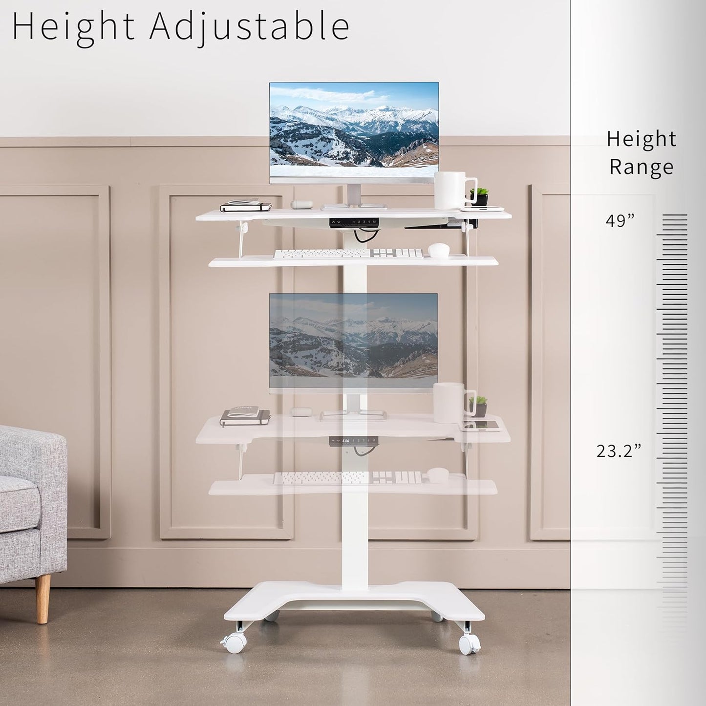 VIVO White Electric Mobile Height Adjustable 36 inch Dual Platform Standing Desk with Wheels, Rolling Small Space Table, Sit Stand Workstation, DESK-V111VTW