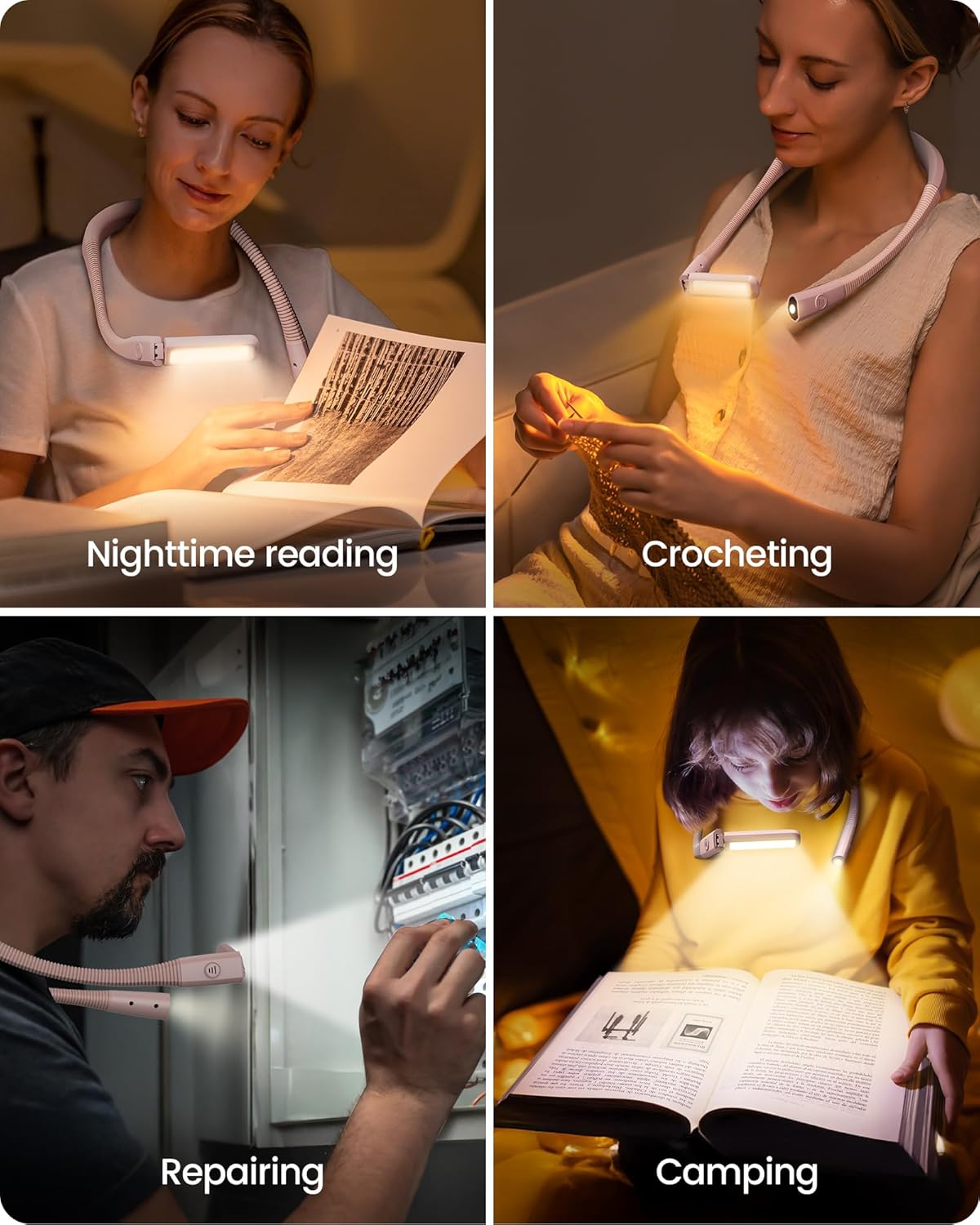 Glocusent Bendable Neck Light, 100Hrs Long Lasting Rechargeable Book Light, 5 Colors & Stepless Dimming Reading Light - Perfect Book Lights for Reading at Night, Knitting, Book Lovers Gifts