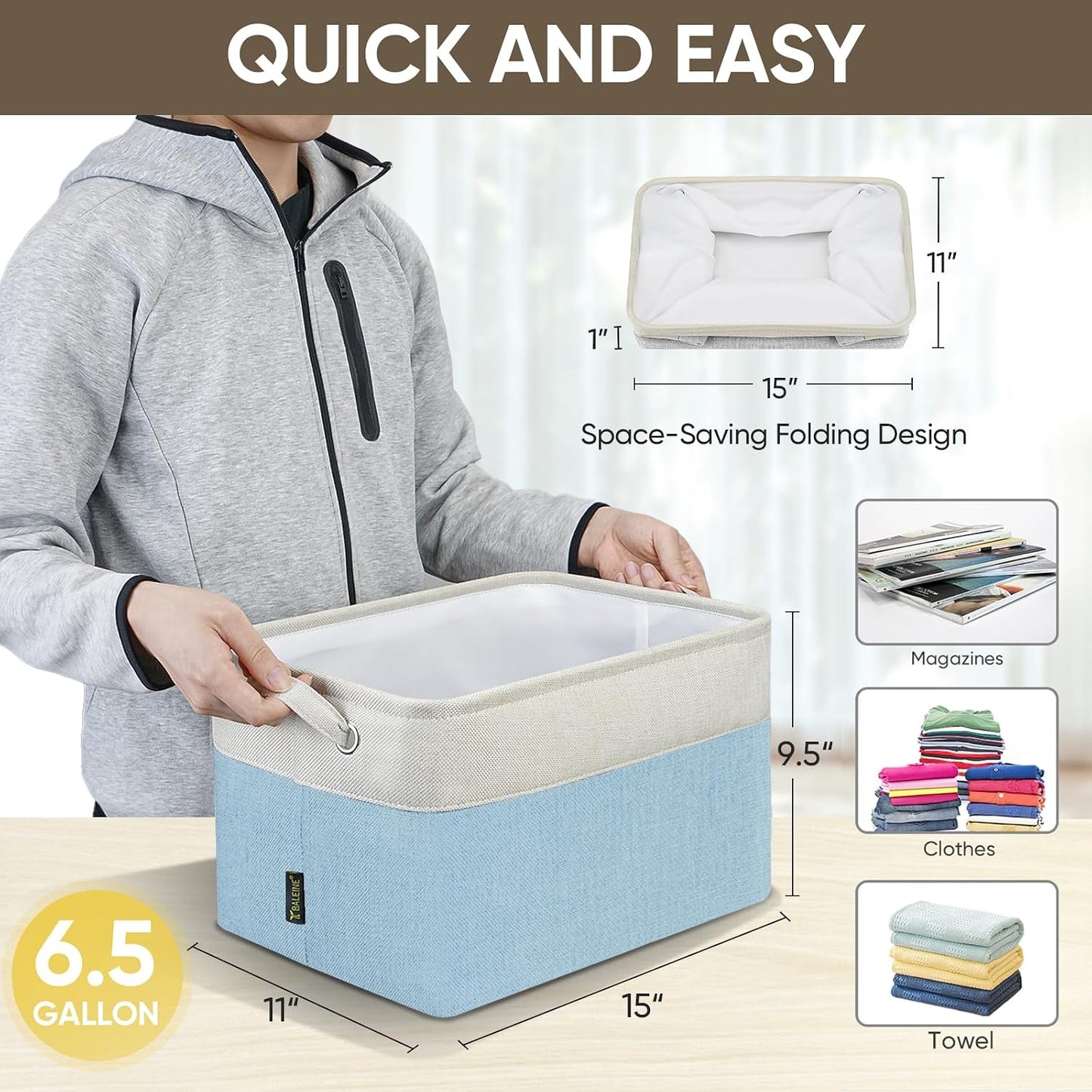 BALEINE 3 Pack Fabric Closet Storage Bins for Shelves, Linen Closet Organizers and Storage, Decorative Baskets for Organizing, Shelf, Clothes, Home, Office (Skyblue, 15''x11''x9.5'')