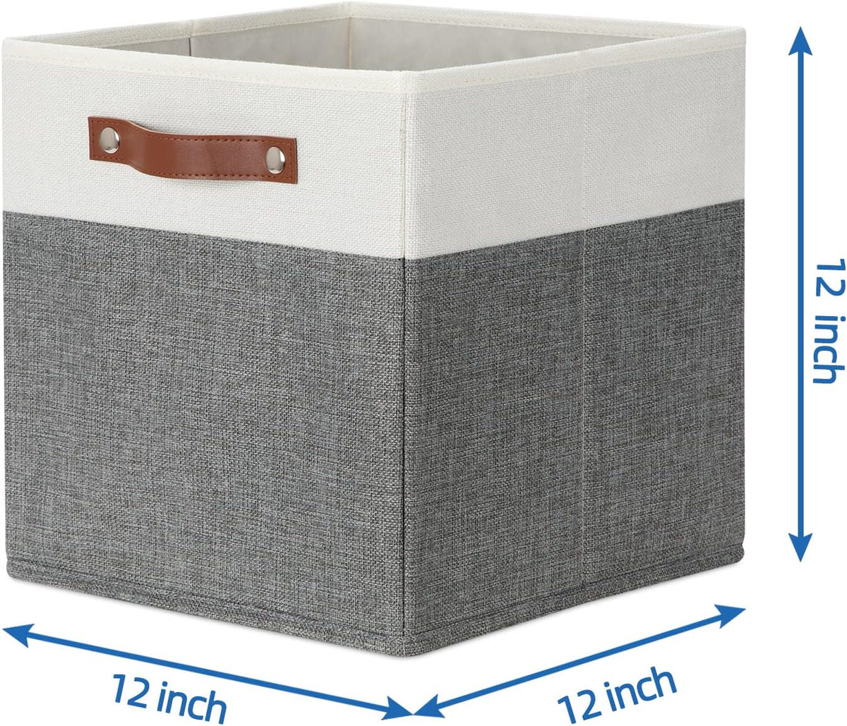 Temary Storage Cubes 12x12 Fabric Cube Storage Bins Foldable Storage Baskets with Handles, Decorative Storage Boxes for Organizing, Home, Office, Nursery, Shelf, Closet (White & Grey, 12 x 12 x 12)
