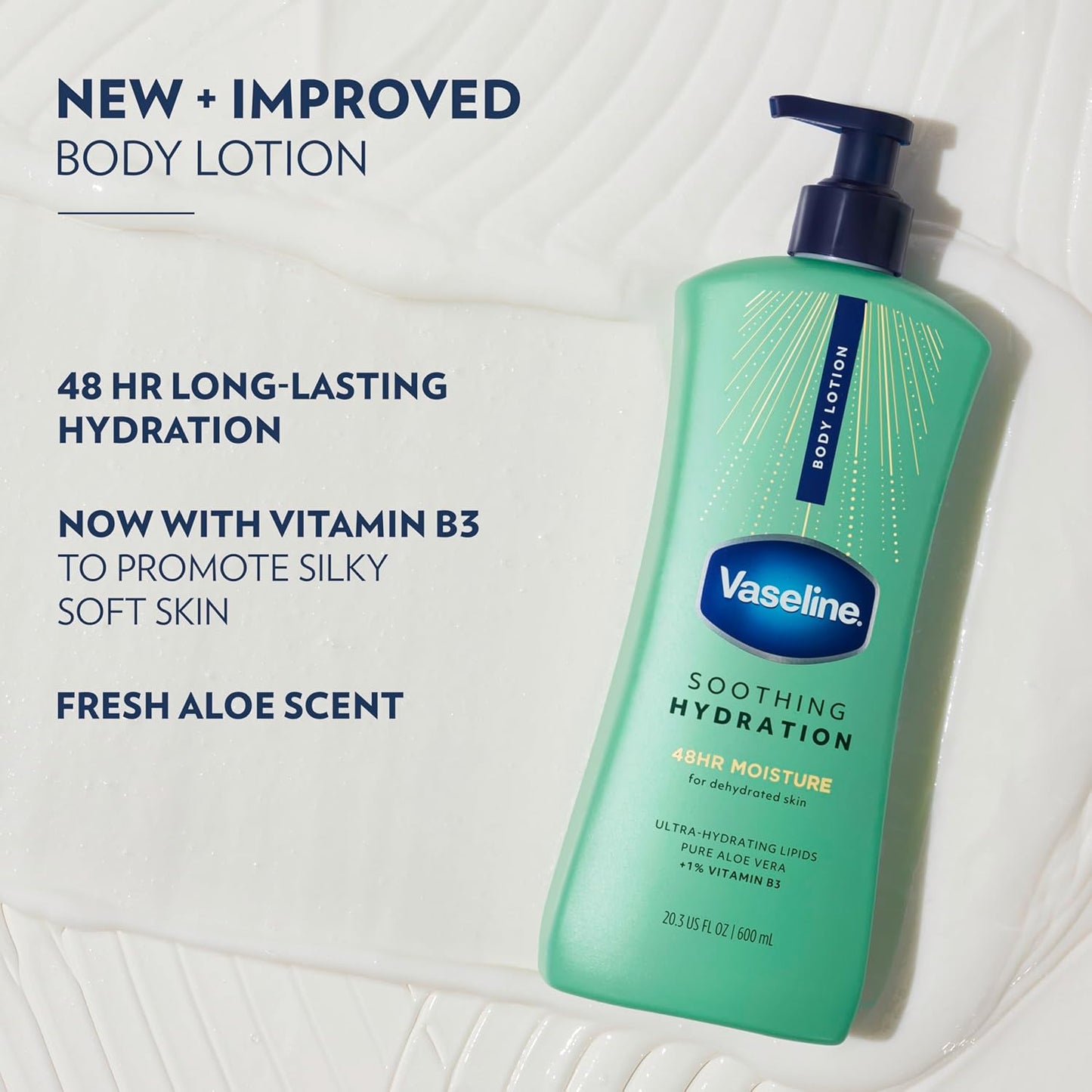 Vaseline Intensive Care Body Lotion for Dry Skin Soothing Hydration Lotion Made with Ultra-Hydrating Lipids + 1% Aloe Vera Extract to Refresh Dehydrated Skin 20.3 oz, Pack of 3 (packaging May Vary)