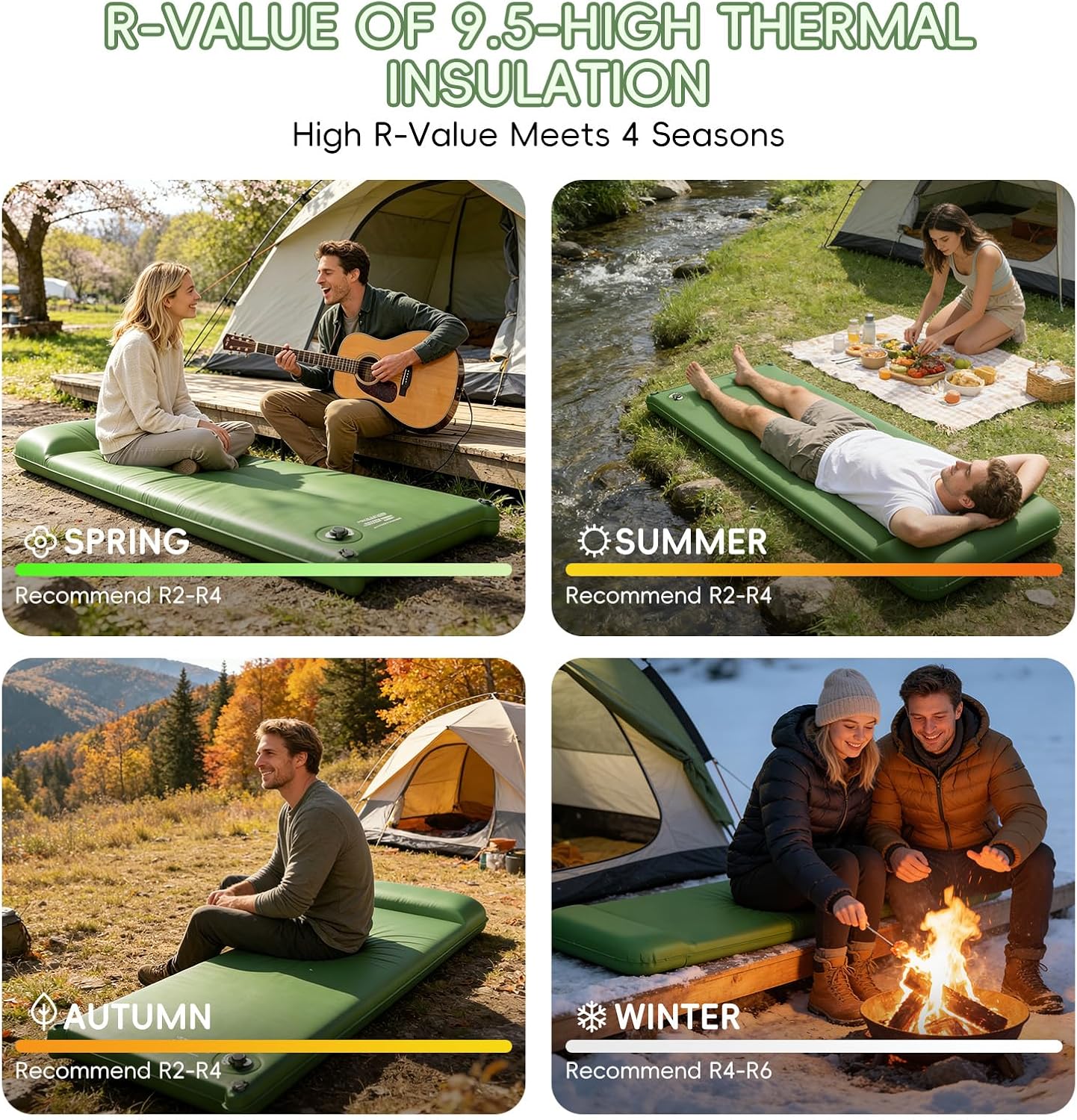 Memory Foam Camping Sleeping Pad, Foldable and Portable Self-Inflating Camping Mattress Pad, 9.5 R-Value Insulated & Quiet Sleeping Mat with Pillow, Compact for Backpacking Hiking Car Traveling Tent