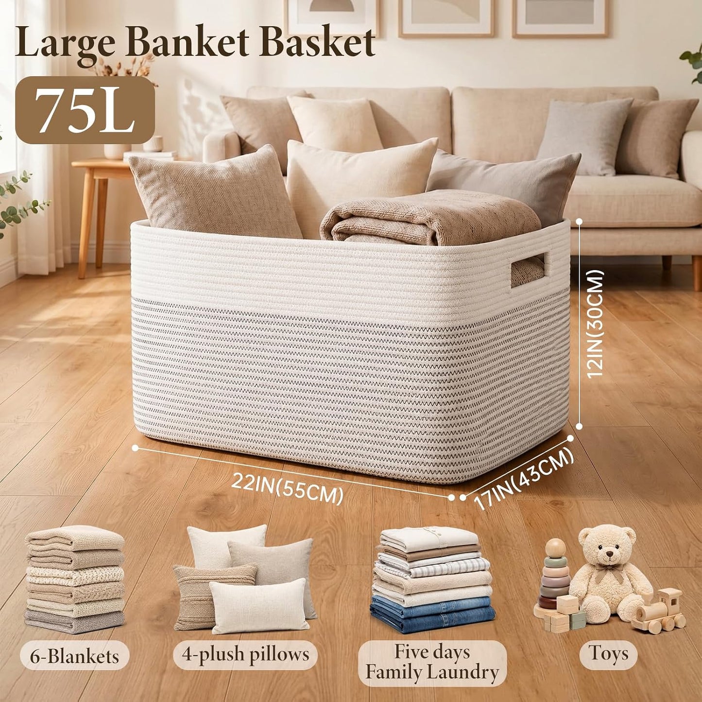 75L Large Cotton Rope Basket, Soft Toy Storage Bin for Nursery & Living Room, Decorative Blanket Basket for Bedroom, Baby-Safe Organizer for Pillows &Laundry, 22''×17''×12'', Black & White