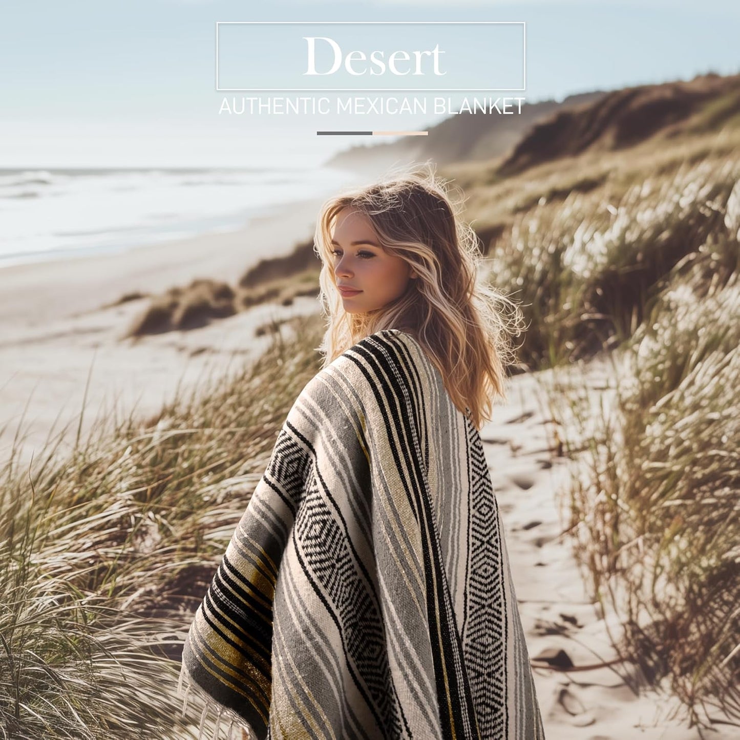 Hydration Nation Authentic Large Handwoven Mexican Blanket - Soft Yoga- Durable Serape- Lightweight Falsa, Beach, Camping, Picnic, Outdoor Blanket 70"x50" - Desert