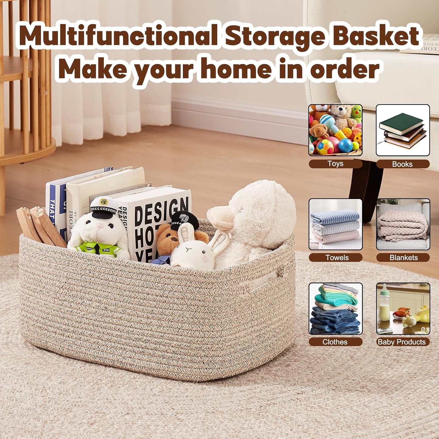 OIAHOMY Storage Basket for Shelves, Closet Cube Storage Bins Baskets for Clothes Blanket Towels, Baby Nursery, Toy Baskets Box, Woven Rope Basket, 15.75 * 11.81 * 7.09 IN, 2 Packs Brown
