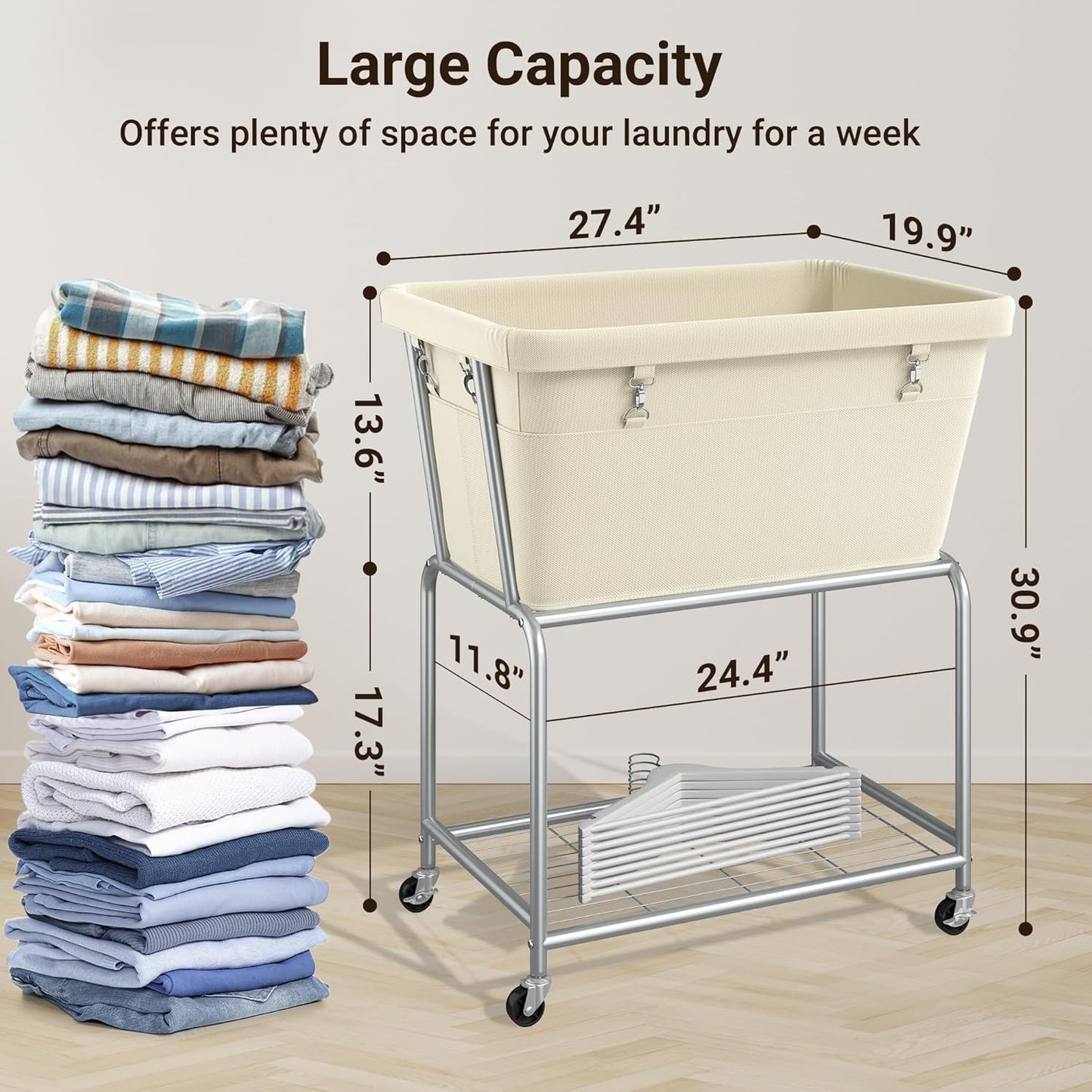 ELYKEN Rolling Laundry Hamper with Wheels, 32-Gallon (122L) Laundry Cart with Removable Bag, 2-Tier Clothes Basket Hamper with Shelf for Closet, Bedroom, Bathroom, Laundry Room, Cream