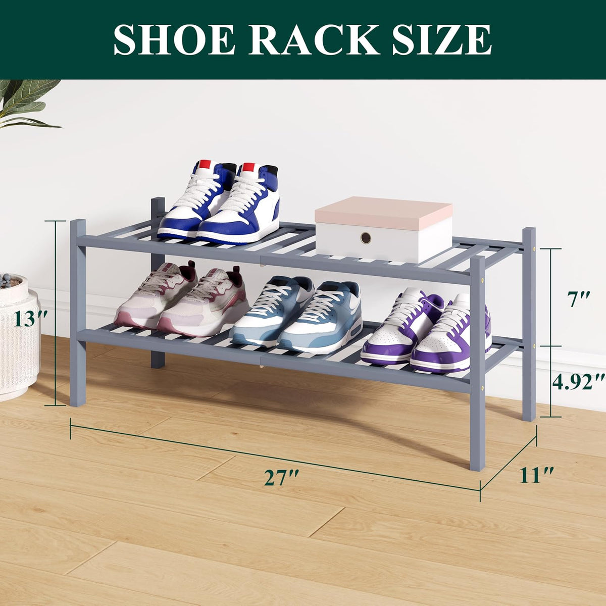 Smiry Bamboo Shoe Rack for Closet, 2 Tier - 26.77" Wide, Grey