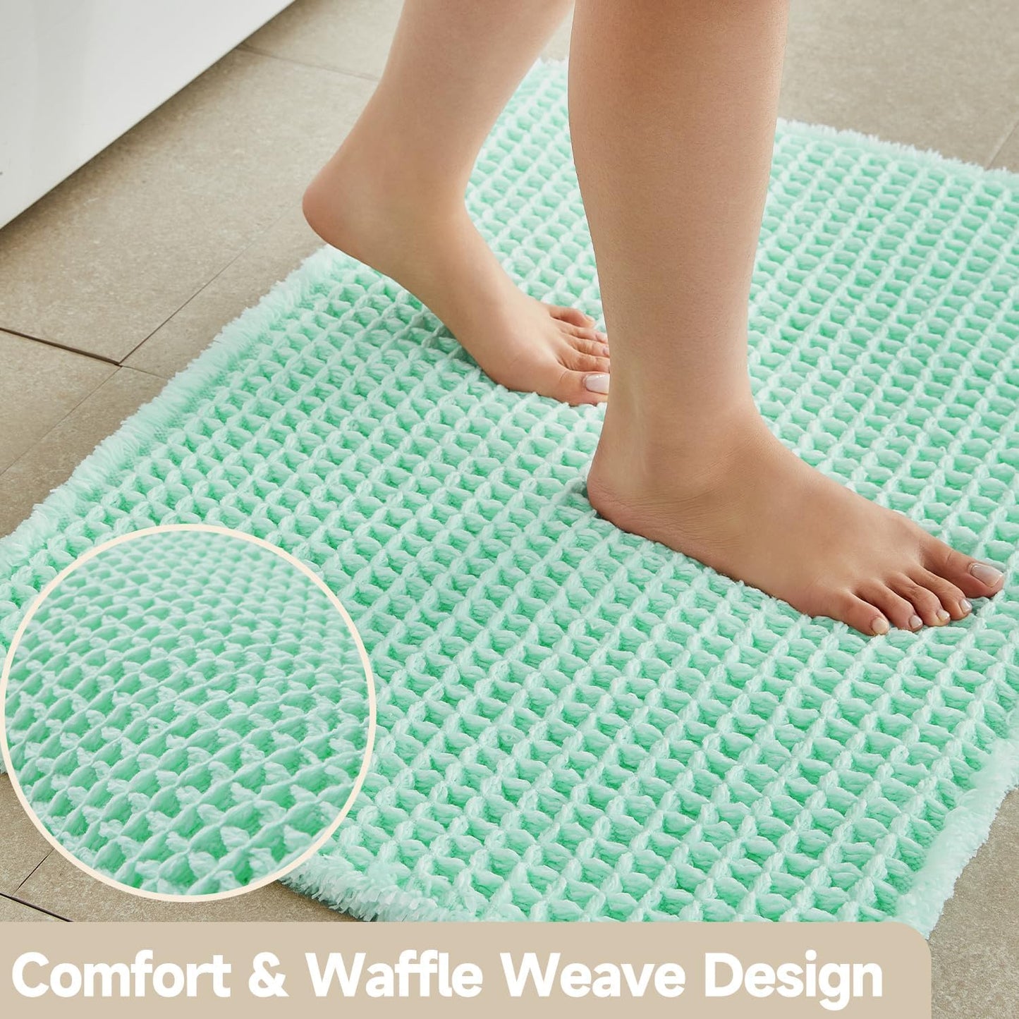 TYUU Waffle Bath Mat, Boho Bathroom Rugs Non Slip Washable Super Absorbent Quick Dry Cute Bath Mat Farmhouse Bathroom Decor, 24"x16" Aqua Blue
