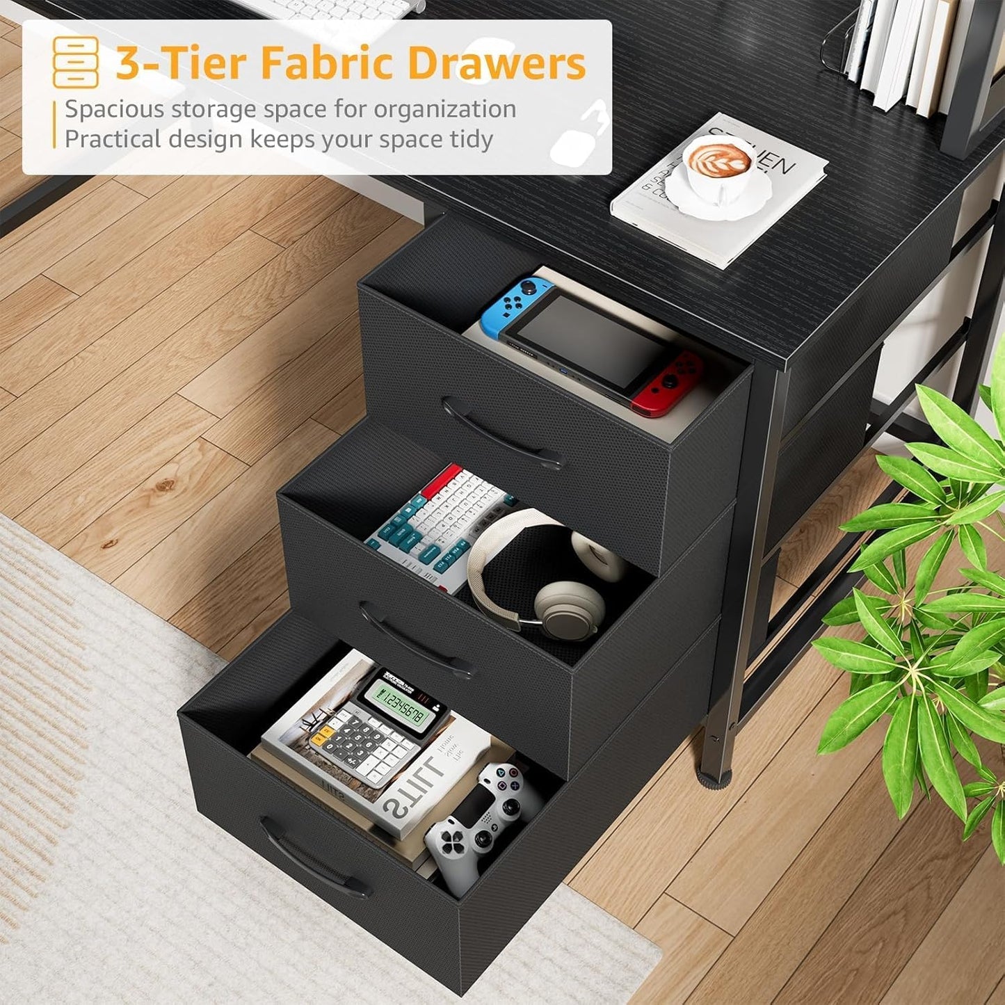 DLisiting Black Computer Desk with Hutch & Drawers - Office Desk with 3 Storage Drawers and Power Outlets, 47 Inch Modern Study Writing Desk for Bedroom Home Office