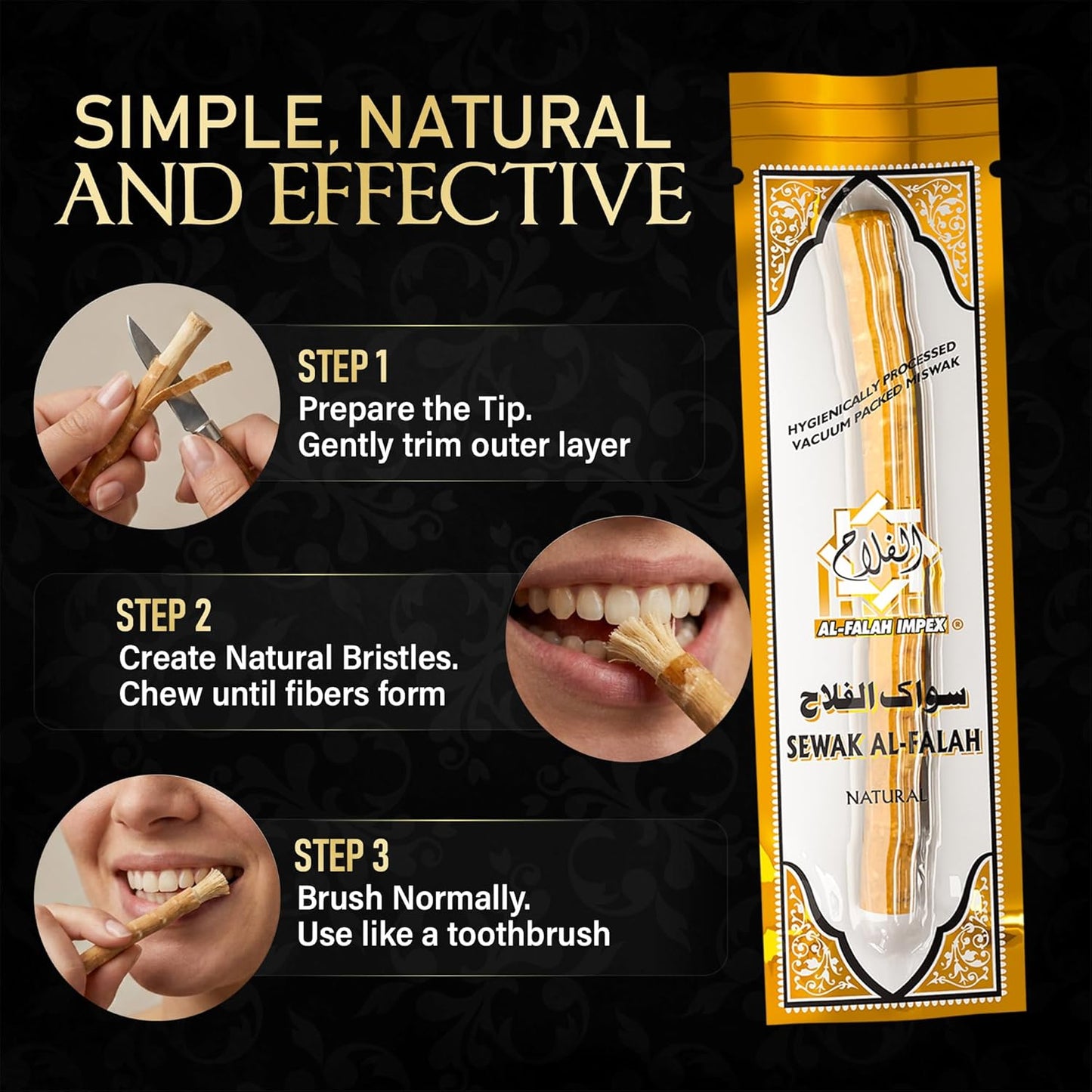 SEWAK AL-FALAH Miswak (Traditional Natural Toothbrush) - 10 Pack - Individually Vacuum Sealed for Long-Lasting Freshness – Traditional Oral Care for Deep Cleaning, Whitening, and Plaque Defense