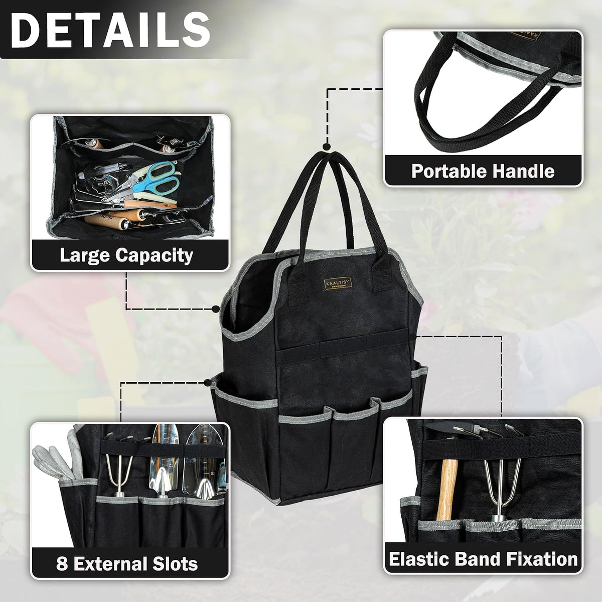 Garden Tool Bag | Heavy-Duty 16oz Waxed Canvas Garden Tool Tote with 8 Pockets | L9.5" x W6" x H15.5" | Tools Storage Bag for Gardeners, Portable Tool Organizer for Garden Essentials