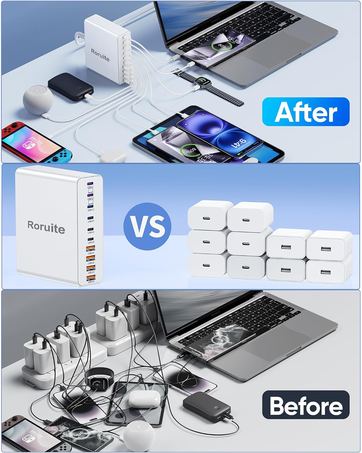 1000W USB C Charging Station, 120W PD GaN5 Super Fast USB C Charger Block | Roruite Type C for PC Laptop MacBook Pro/Air 10 Port Charger Compatible with iPhone 17 16 15 14 13 12 Pro Max, iPad, Galaxy