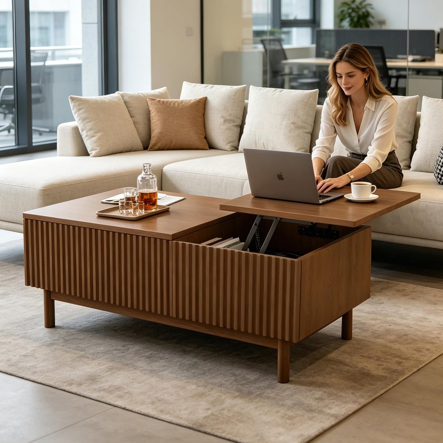 51" Mid-Century Modern Lift Top Coffee Table with Hidden Storage | Walnut Fluted Rectangular Center Table with Drawers & Sturdy Wooden Legs, for Living Room, Apartment, Office