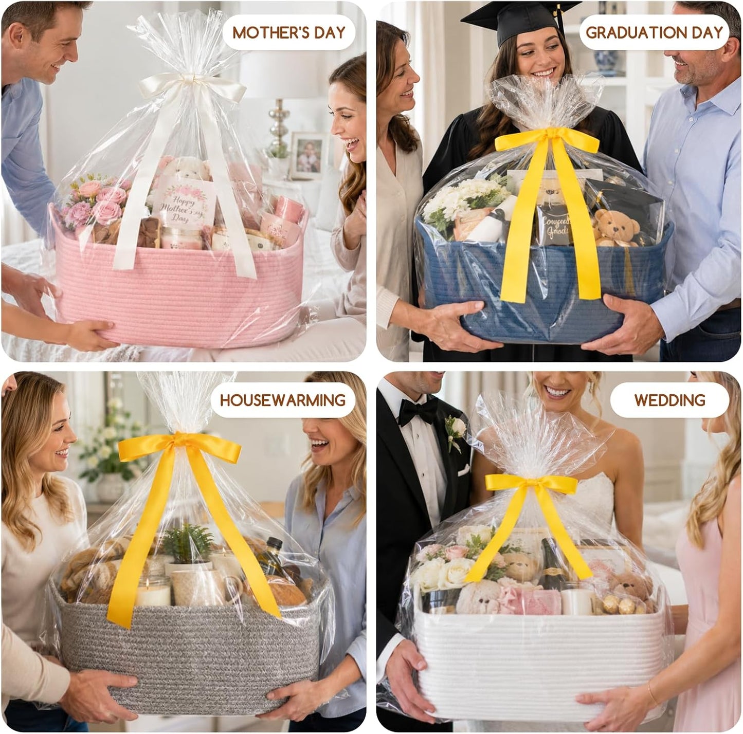 OIASKET Large Empty Cotton Rope Gift Basket with Handles, 16.5"x12.6"x7" Decorative Woven Storage Basket with Gift Bag and Ribbon Set for Baby Shower, Toy Organizer for Kids, Dogs & Cats - Pink