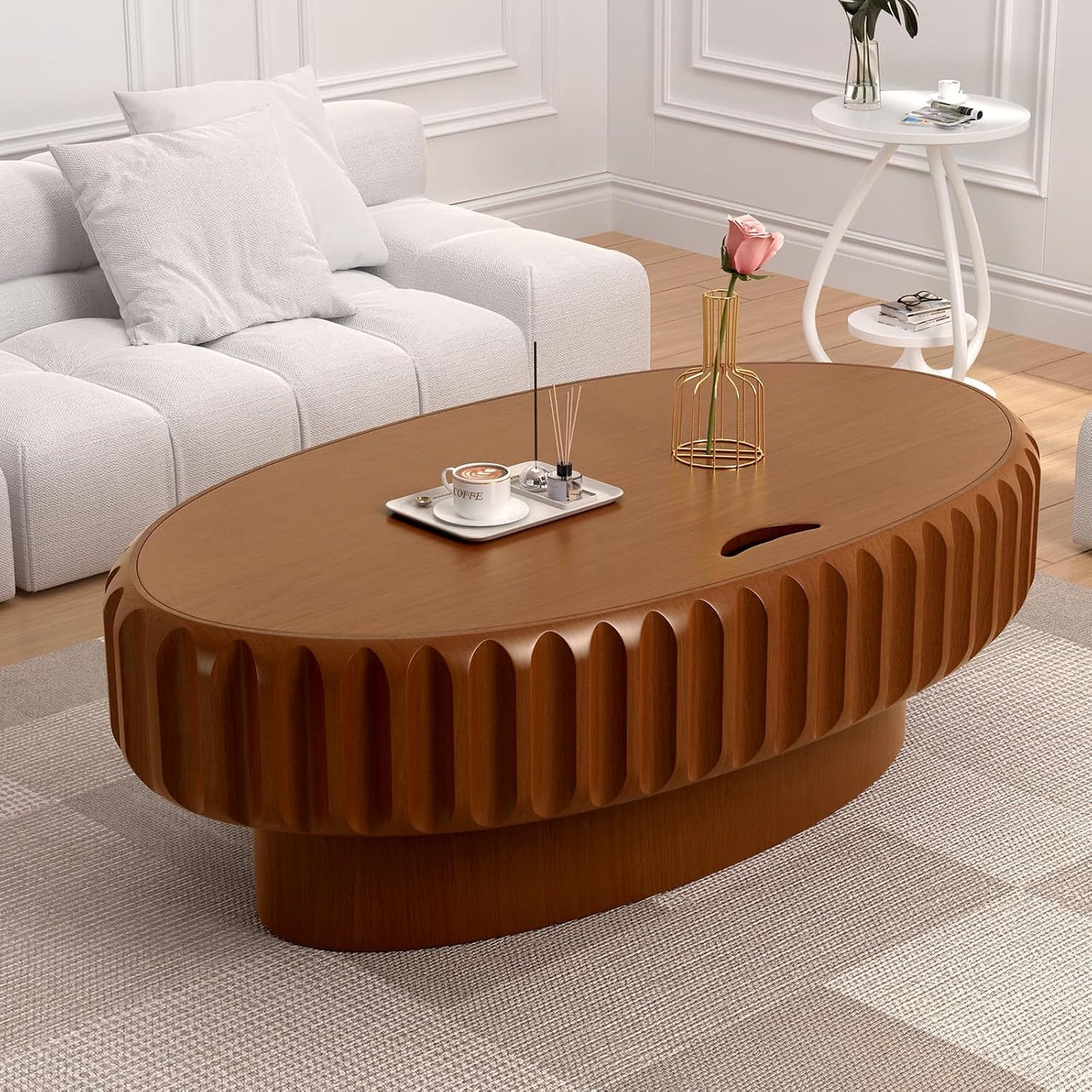 43.3'' Oval Coffee Table with Storage for Living Room, Brown | Mid Century Modern Fluted Drum Wood Coffee Tables with Lid, Sturdy Pedestal Center Tables for Apartment, Easy Assembly