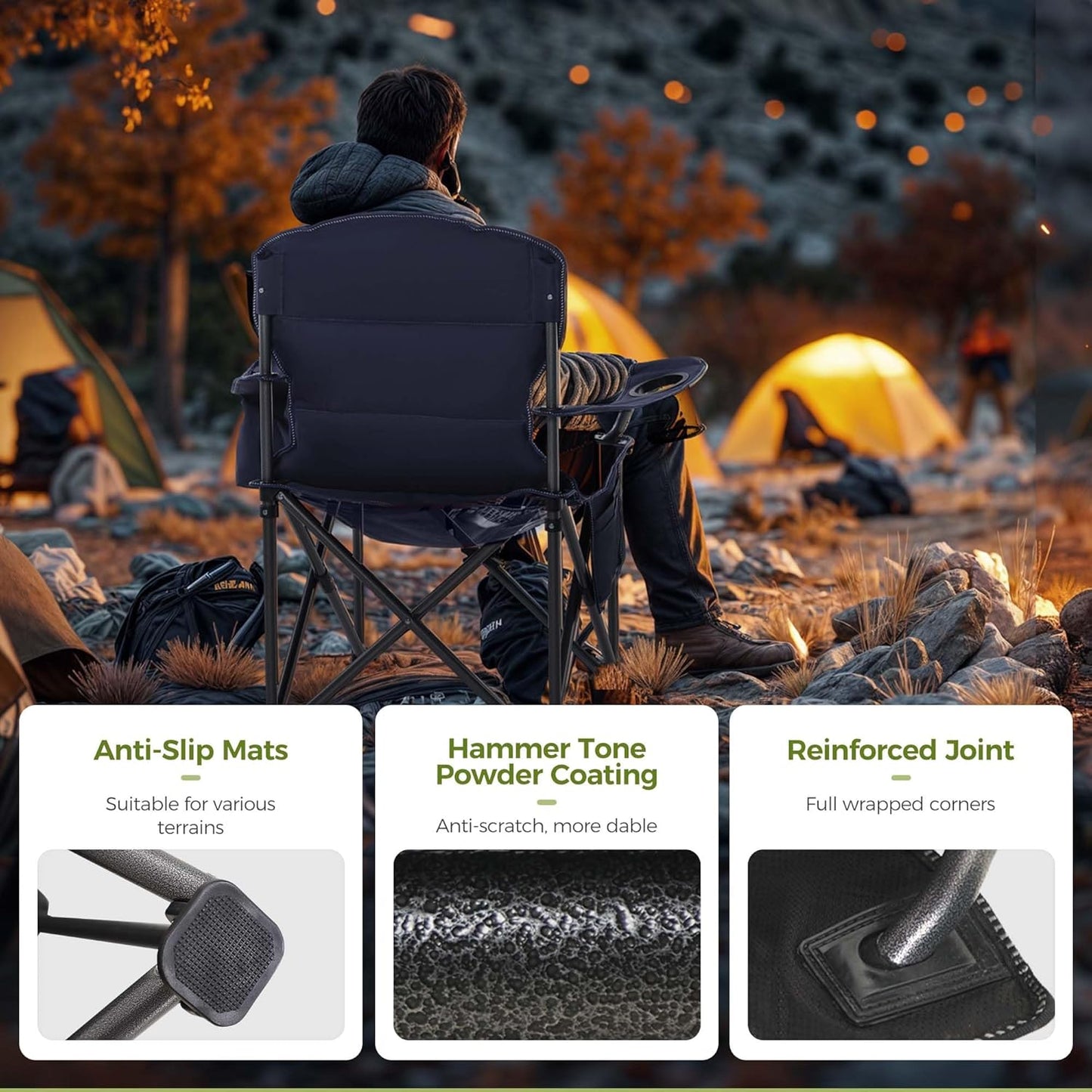 ALPHA CAMP Heavy Duty Camping Chair 500LBS Capacity, Oversized Folding Chair for Heavy People, Padded Portable Outdoor Chair with Cooler Bag & Cup Holder for Camping, Fishing, Beach